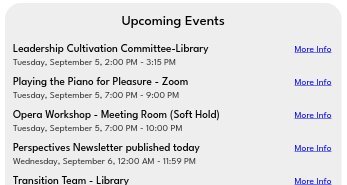 "Upcoming Events" listing from our homepage